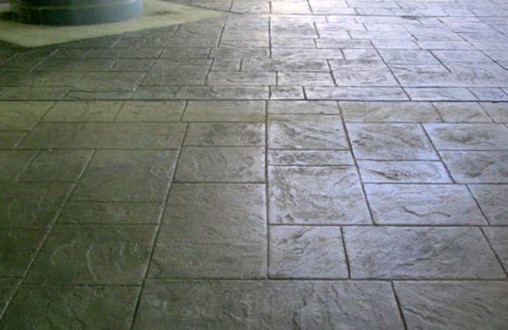 Bomanite imprinted site concrete Bomanite concrete utilizing English Slate imprint system with Atlantic Gray color accents throughout by Belarde Company